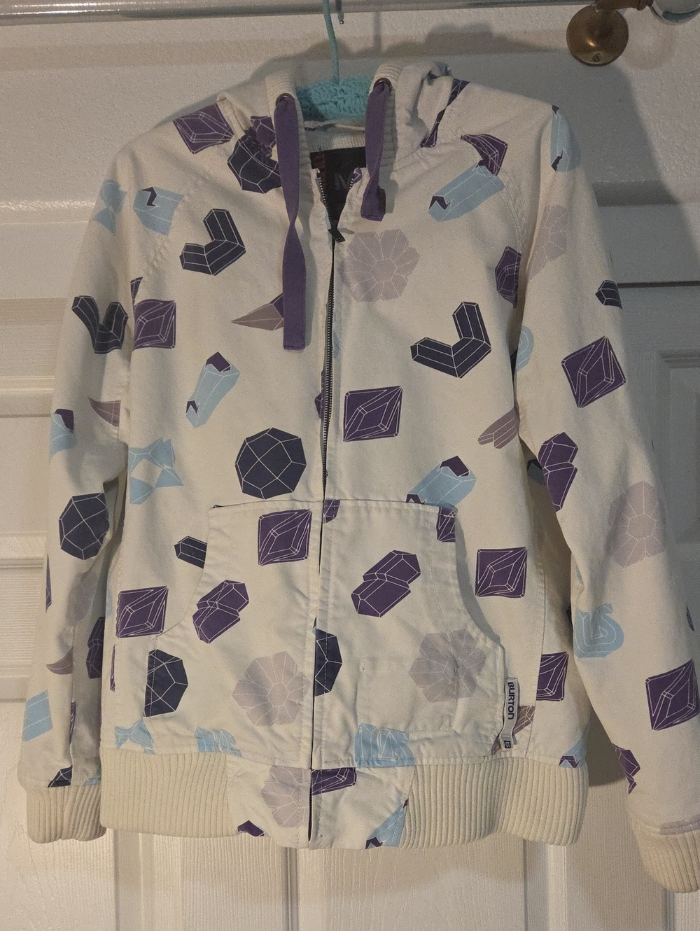 Burton White Hooded Snow Jacket with Purple & Light Blue Gem Motif